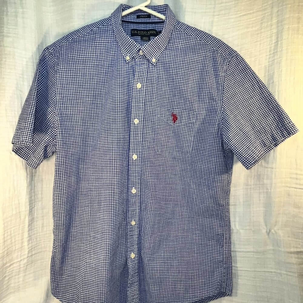POLO Mens Size Large ~Stretch Blue Plaid ~Short Sleeve Shirt - NICE